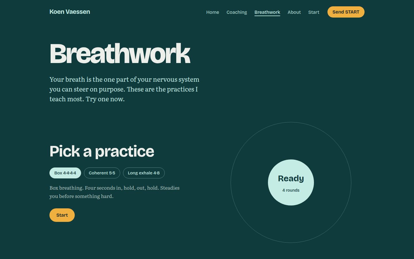 Koen Vaessen's breathwork page with three practice buttons and a large circle reading Ready.